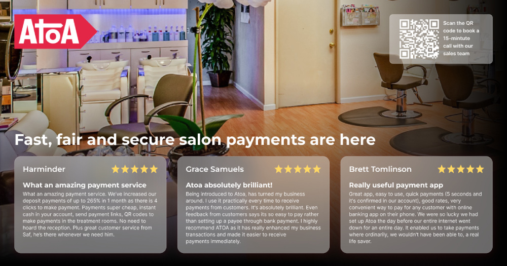 Find out more about hair and beauty payments from Atoa