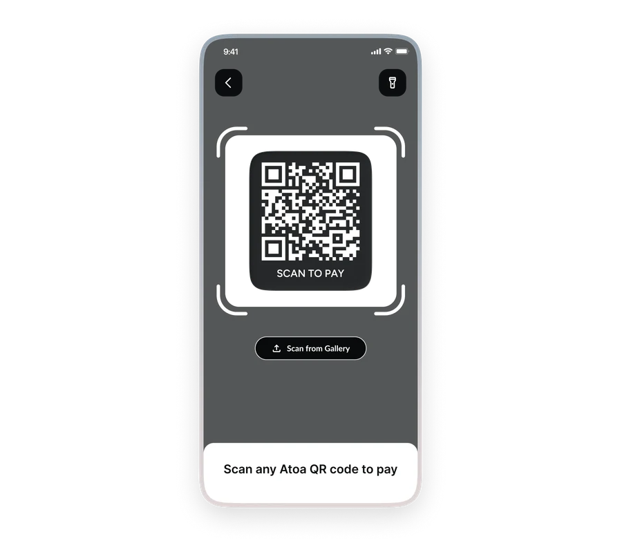 Atoa Scan to Pay scanner showing a QR code on a phone