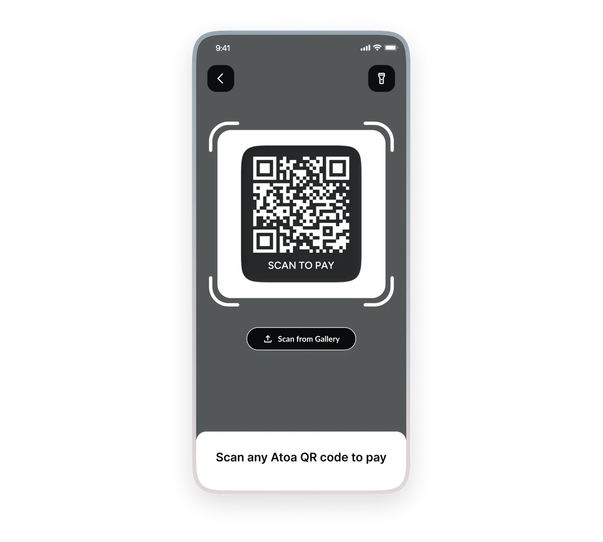 Atoa Scan to Pay scanner showing a QR code on a phone