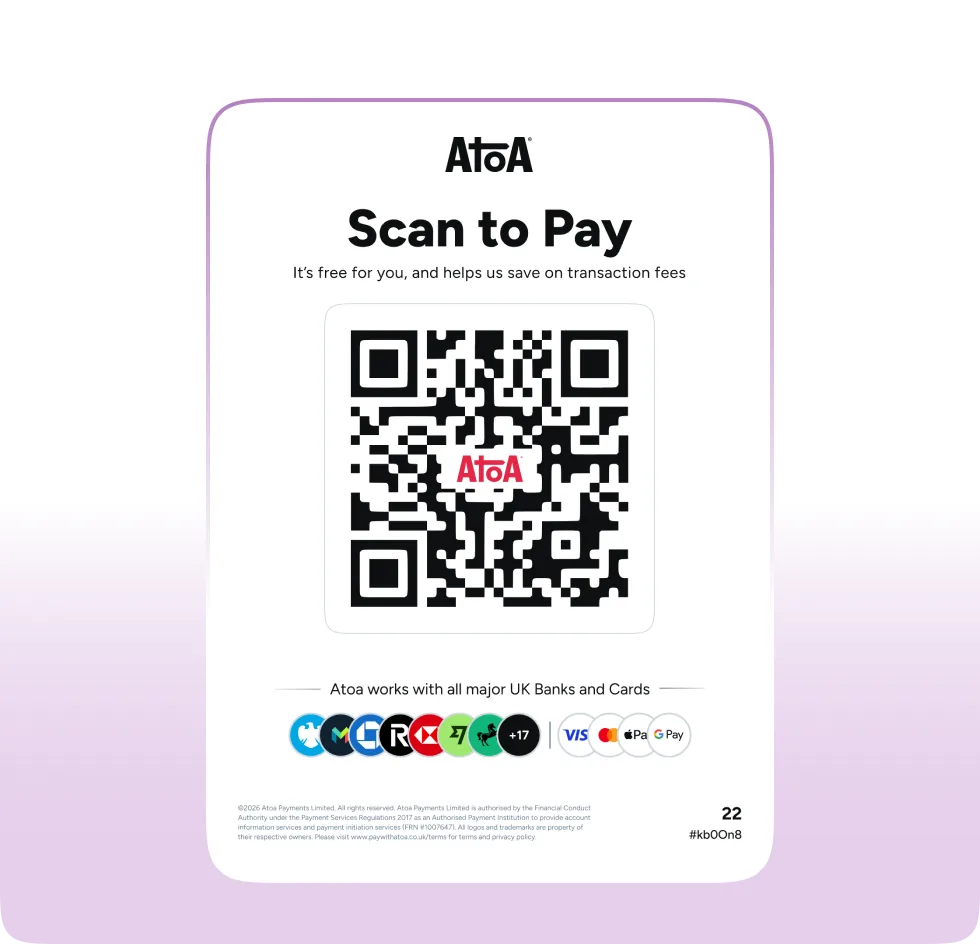 Atoa Scan to Pay QR code shown on a card with bank and card logos