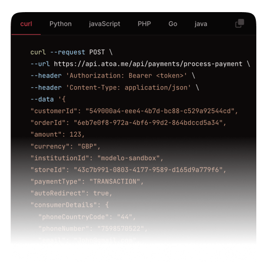 Atoa payments API code sample