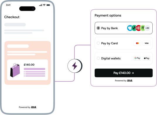 Atoa checkout on Magento showing Pay by Bank, Pay by Card and digital wallet options