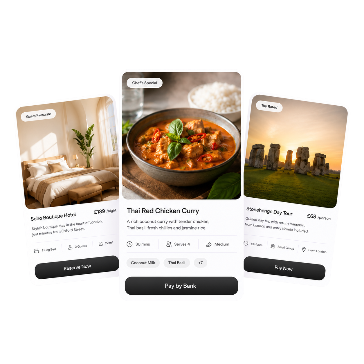 Atoa payments across a hotel room booking, restaurant bill and tour experience