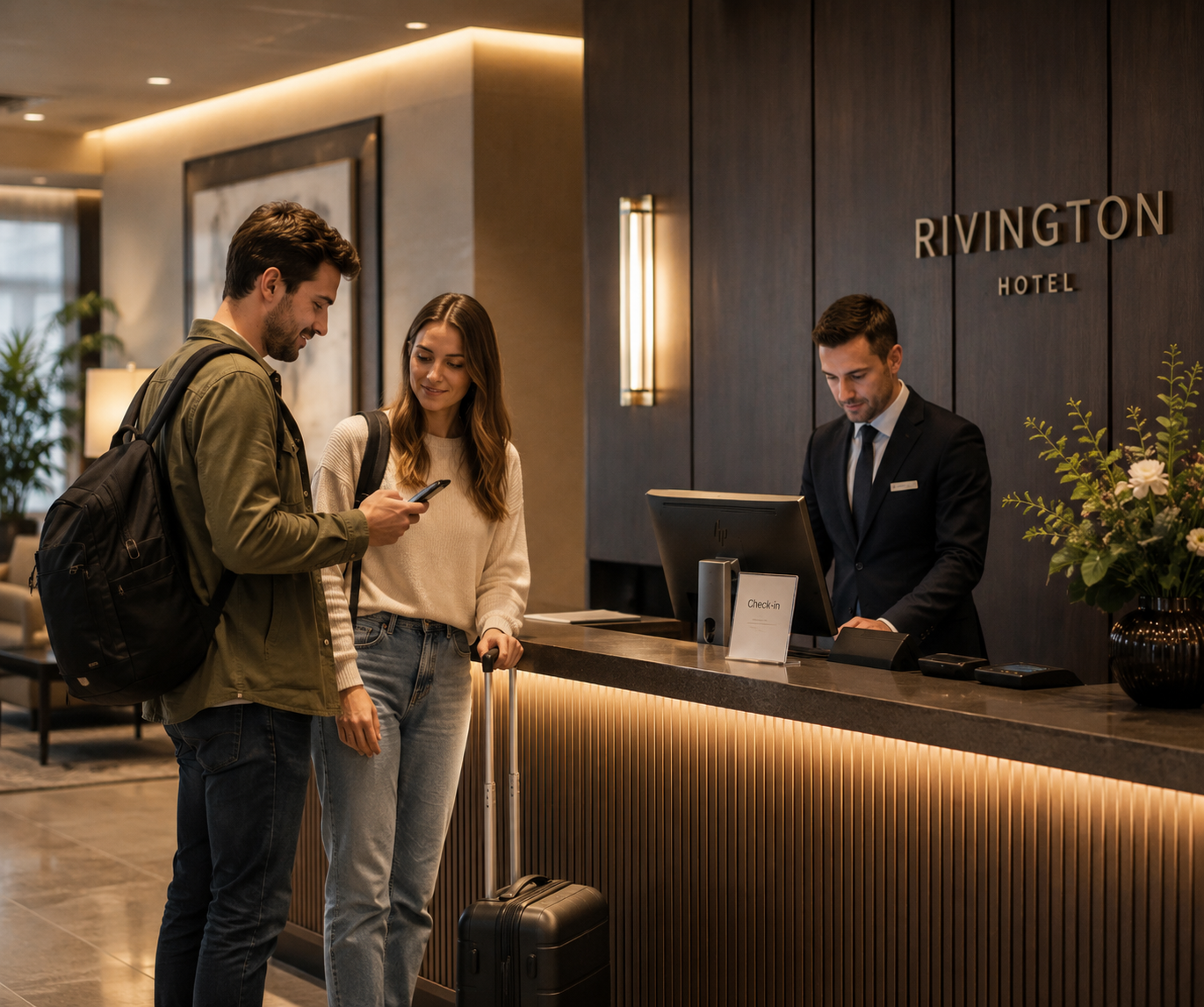 Guests checking in at a hotel front desk