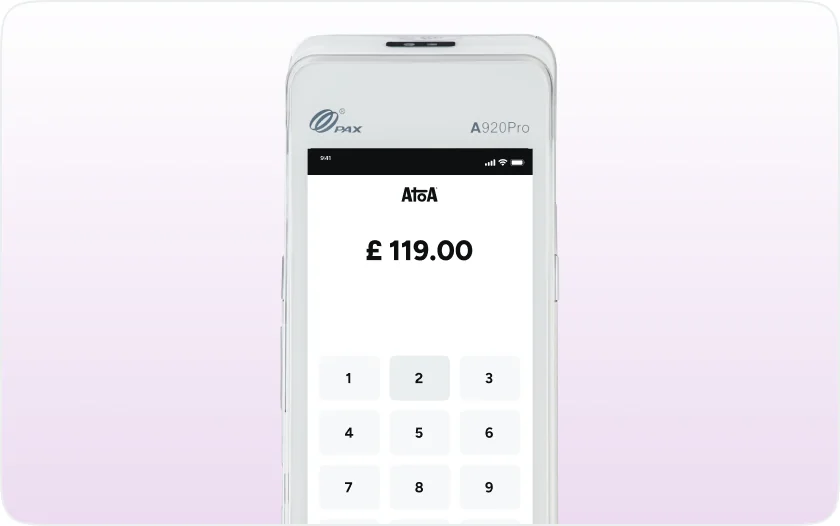 An Atoa card terminal showing a GBP 119.00 amount entered on its number pad