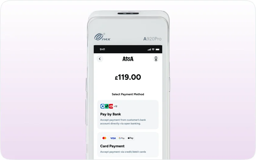 The terminal's Select Payment Method screen offering Pay by Bank with 12-plus banks and Card Payment