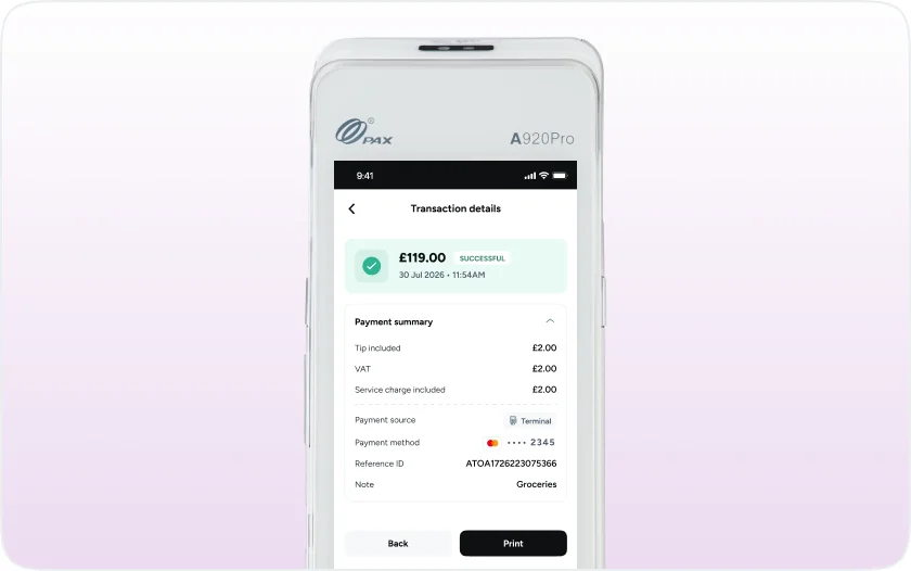 A transaction details screen confirming a GBP 119.00 payment with its summary, payment source and reference