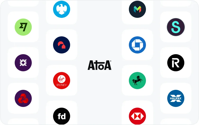 The Atoa mark surrounded by UK bank logos including Barclays, Lloyds, HSBC, Monzo, Starling, Revolut, Halifax, Nationwide, Natwest and RBS