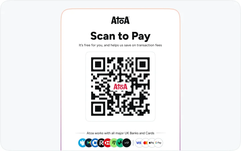 An Atoa Scan to Pay QR stand showing the QR code and the bank and card logos it accepts