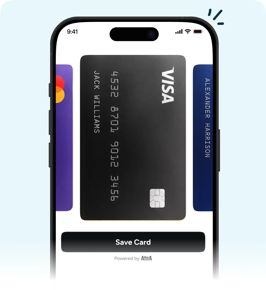 Atoa checkout on a phone, showing a card being saved with a Save Card button