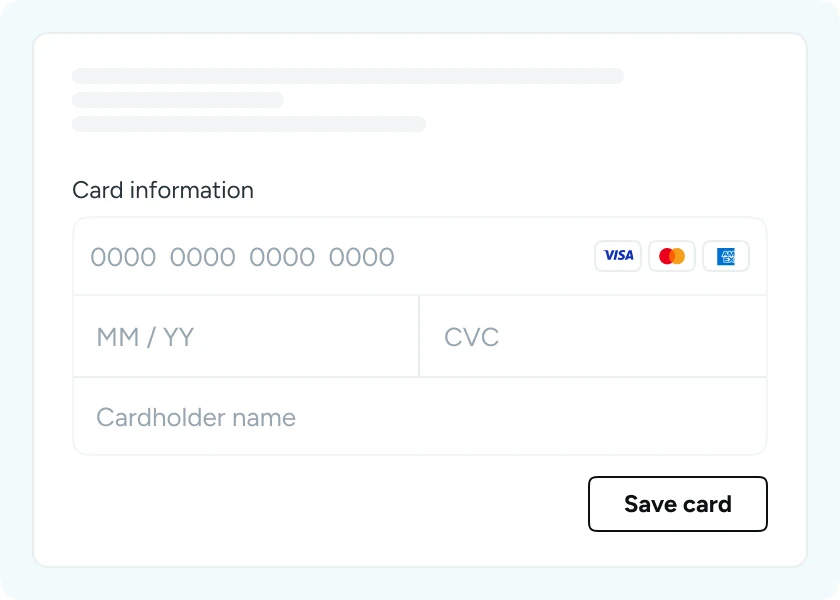 Atoa checkout card entry form with card number, expiry, CVC and cardholder name, and a Save card button