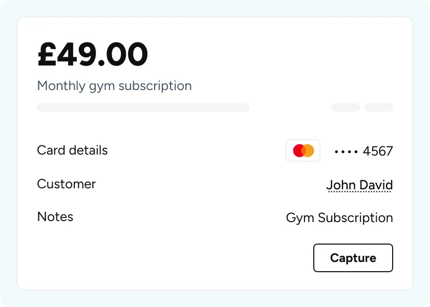 Atoa dashboard showing a GBP 49.00 monthly gym subscription charged to a saved card ending 4567, with a Capture button