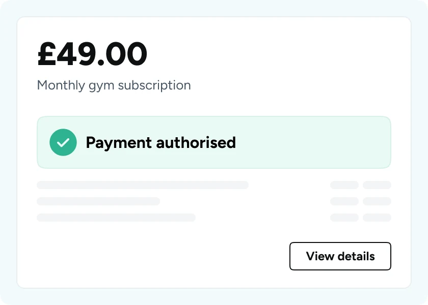 Atoa dashboard showing a GBP 49.00 payment authorised for a monthly gym subscription