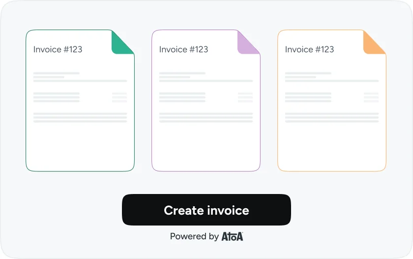 Three draft invoices fanned out above a Create invoice button, powered by Atoa