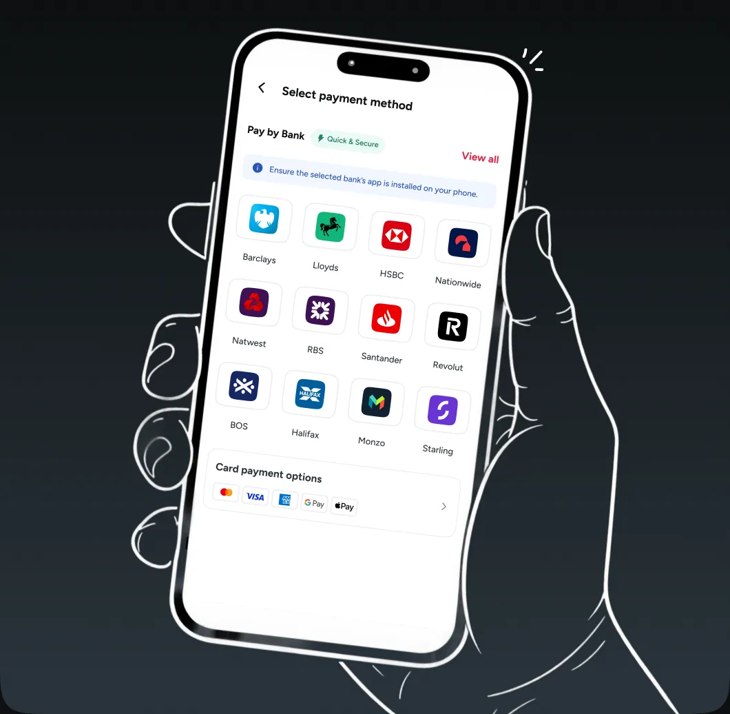 The Atoa app on a phone showing the Select payment method screen: Pay by Bank with Barclays, Lloyds, HSBC, Nationwide, Natwest, RBS, Santander, Revolut, BOS, Halifax, Monzo and Starling, plus card payment options for Mastercard, Visa, Amex, Google Pay and Apple Pay