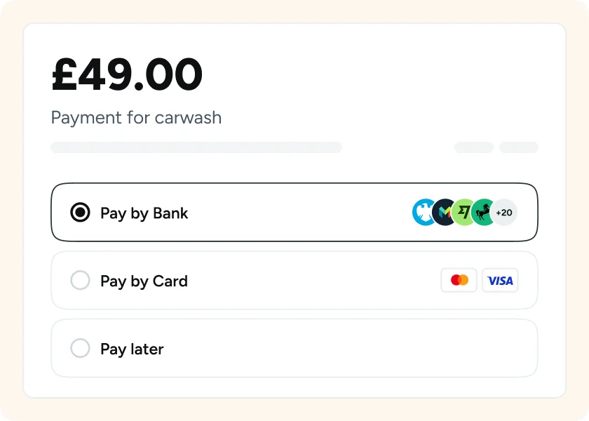A GBP 49.00 checkout for a carwash offering Pay by Bank with 20-plus banks, Pay by Card with Mastercard and Visa, and Pay later