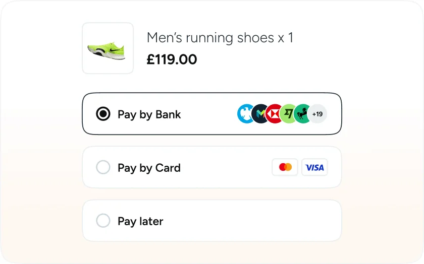 An online checkout for men's running shoes at GBP 119.00, offering Pay by Bank with 19-plus banks, Pay by Card with Mastercard and Visa, and Pay later