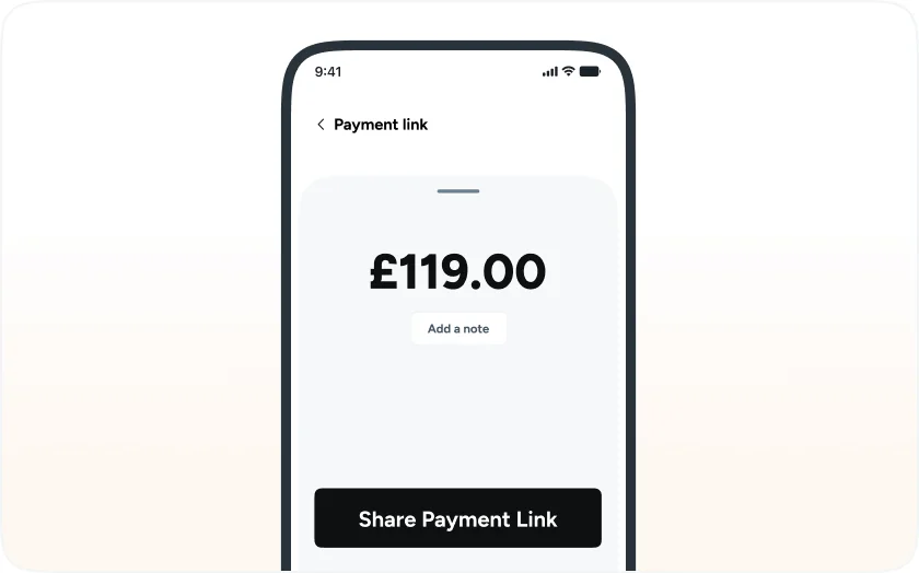 A phone showing an Atoa payment link for GBP 119.00 with an Add a note field and a Share Payment Link button