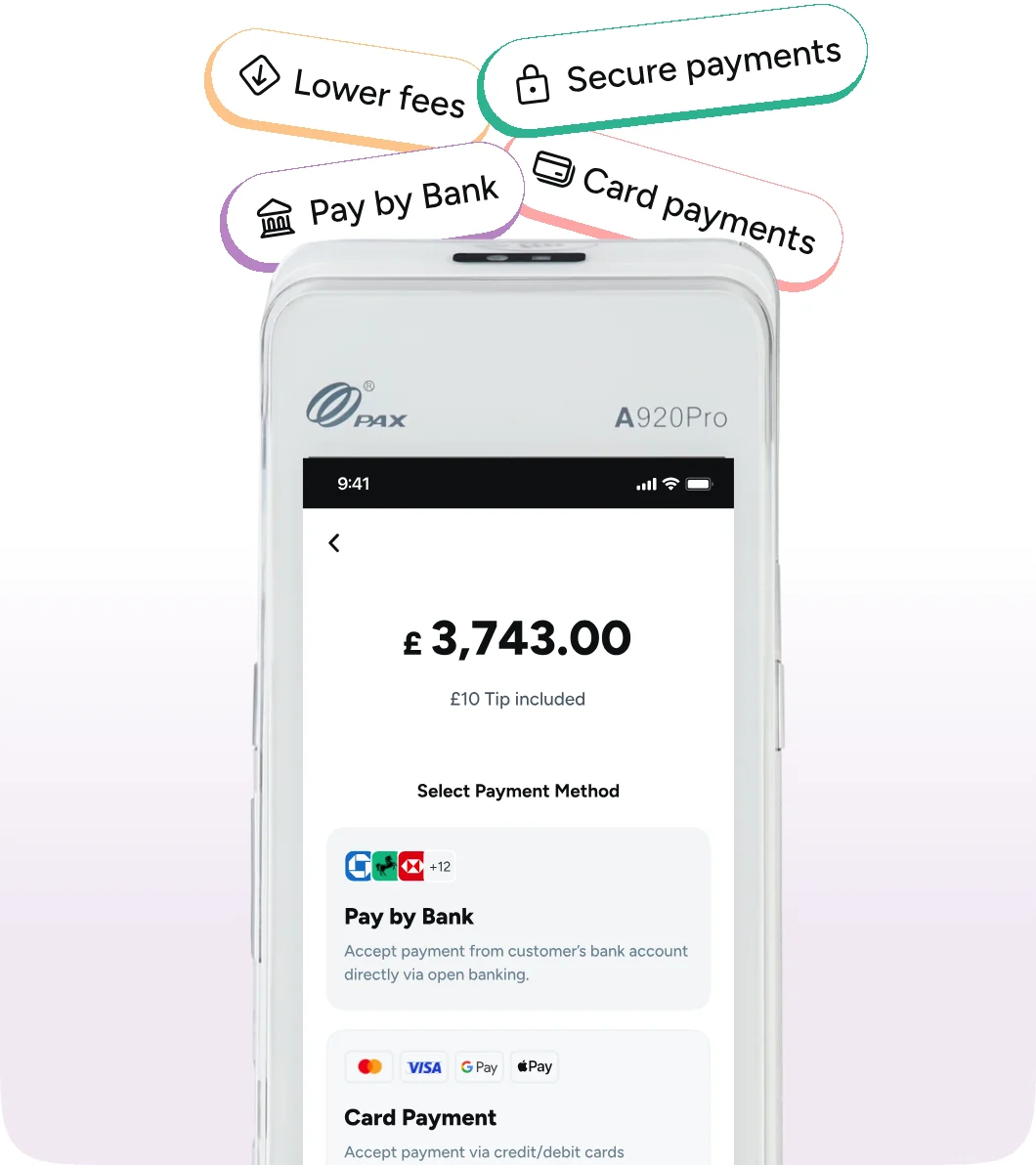 PAX A920Pro card terminal showing the Atoa Select Payment Method screen, labelled Lower fees, Secure payments, Pay by Bank and Card payments