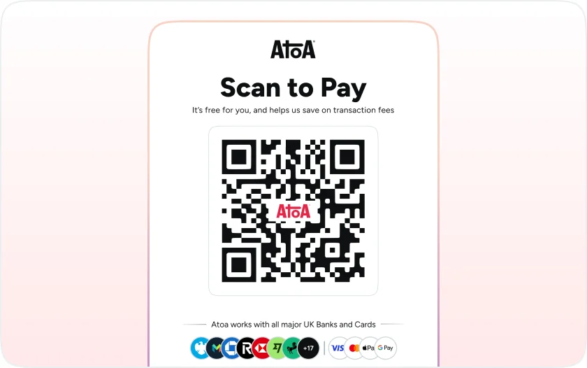 A printed Atoa Scan to Pay QR code stand on a counter, noting it is free for the customer, with major UK bank and card logos along the bottom