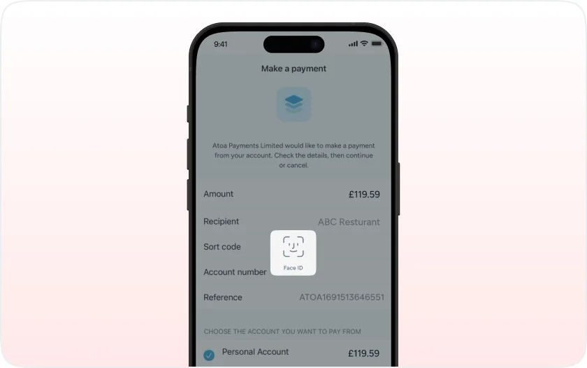 A phone showing a Make a payment screen: GBP 119.59 to ABC Restaurant with the account details listed, ready to approve with Face ID