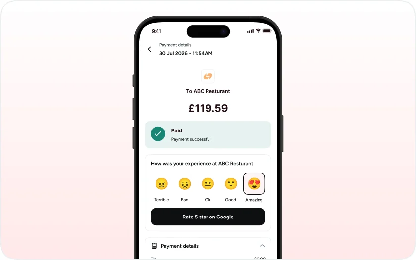 A phone confirming GBP 119.59 paid to ABC Restaurant, marked Payment successful, with a star rating prompt and a payment details panel