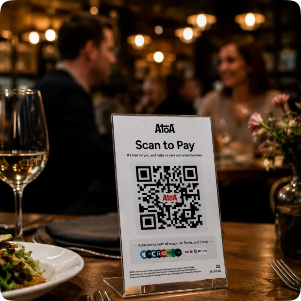 An Atoa Scan to Pay stand on a laid restaurant table beside a glass of wine, with diners behind