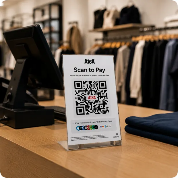 An Atoa Scan to Pay stand on a clothing shop till counter next to the point of sale screen
