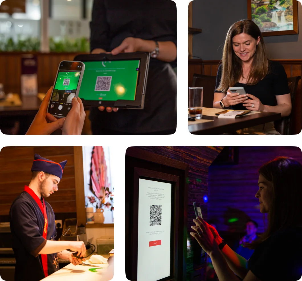 Four moments in a restaurant: a guest scanning an Atoa QR code shown on a tablet, a diner paying from her phone at the table, a chef preparing food, and a guest scanning a QR code on a bill stand