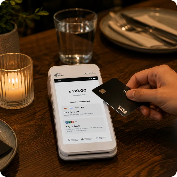 Atoa card terminal accepting a contactless tap in a restaurant