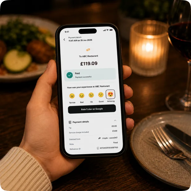 Guest adding a tip and being prompted to leave a Google review after paying