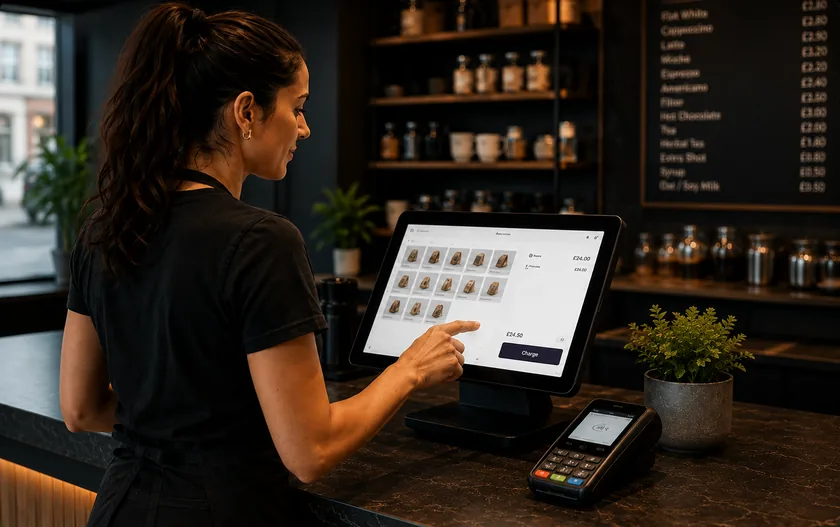 Shop assistant ringing up a sale on a till beside an Atoa card terminal