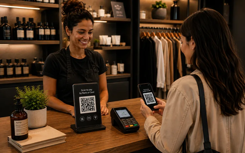 Customer scanning an Atoa QR code on the counter display to pay from their bank app