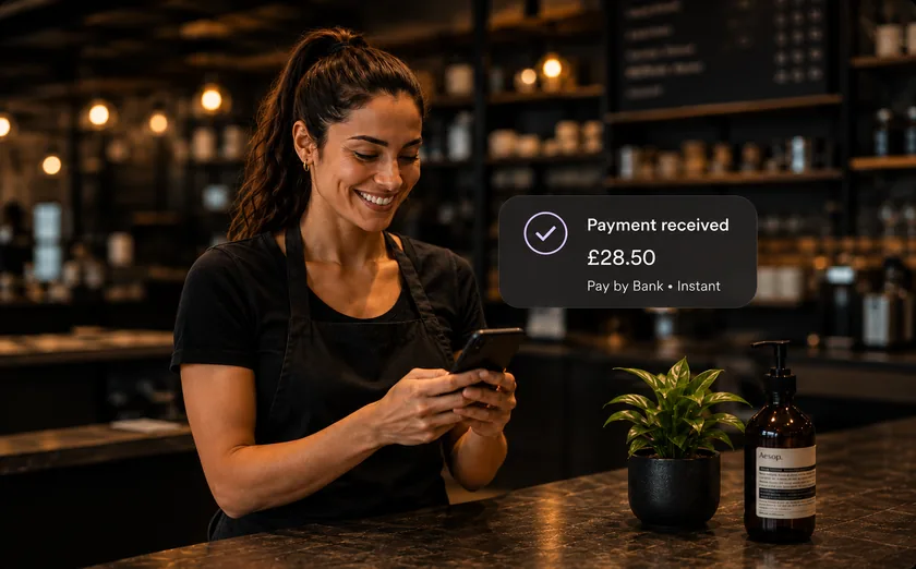 Shop owner seeing a Payment received notification for GBP 28.50 paid instantly by bank