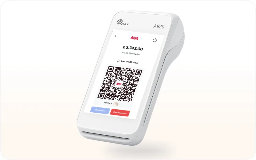 Atoa PAX card terminal standing upright, ready to accept a contactless tap