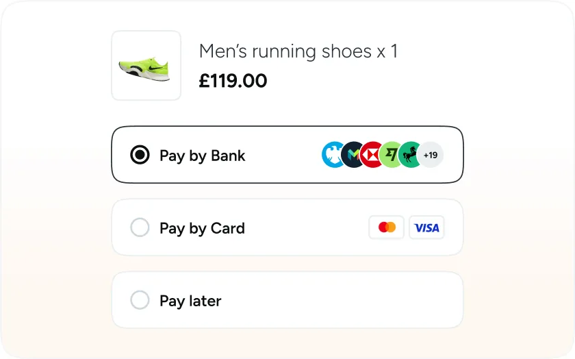 Online checkout showing a running shoes order with Pay by Bank, Pay by Card and Pay later options