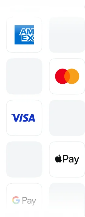 Card and wallet logos: Visa, Mastercard, American Express, Apple Pay and Google Pay