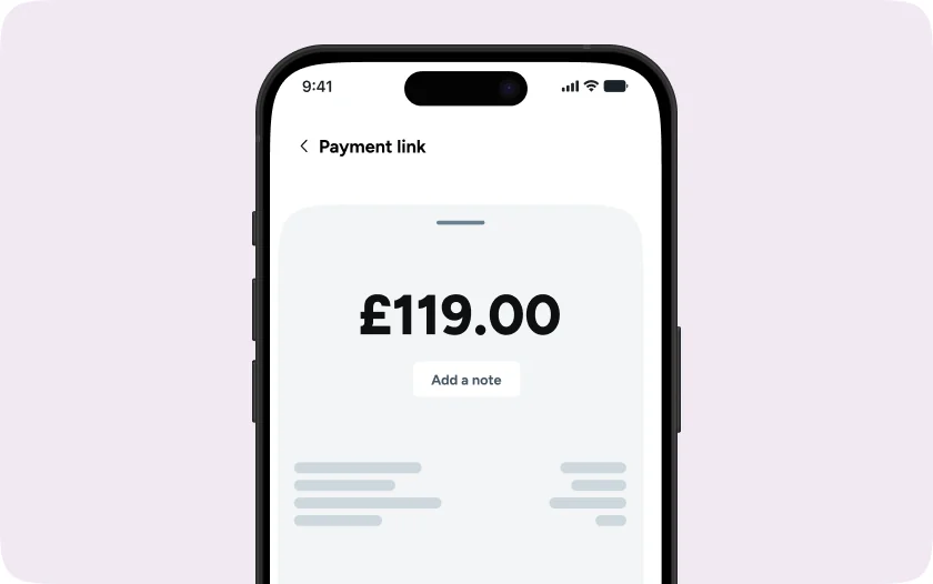 Atoa app Payment link screen with £119.00 entered and an Add a note button