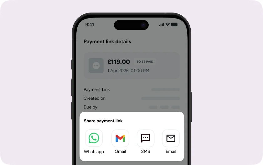Share payment link sheet offering WhatsApp, Gmail, SMS and Email